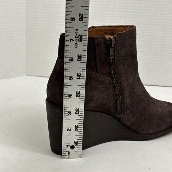 Lucky Brand NWOB Zorlina Wedge Bootie 10M Suede + Textile Upper Brown Zipper - Picture 10 of 16